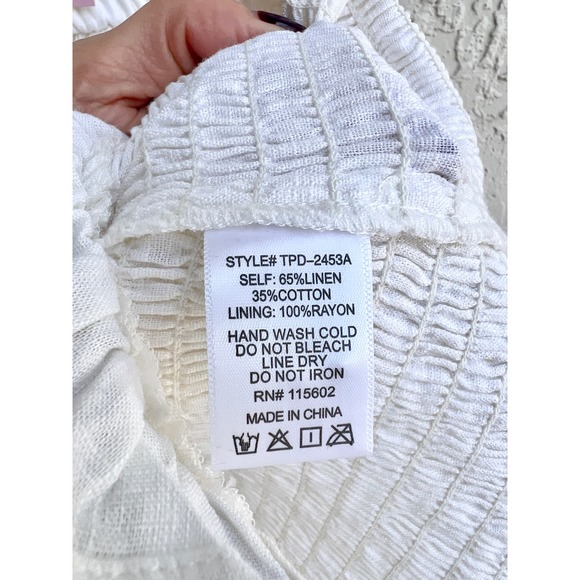 NWT Sky Blush Sleeveless Linen Smocked Ruffle V Neck Mini Dress White Size Small - Picture 6 of 7